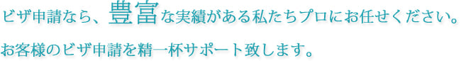 ビザ申請なら、豊富な実績がある私たちプロにお任せください。お客様のビザ申請を精一杯サポート致します。